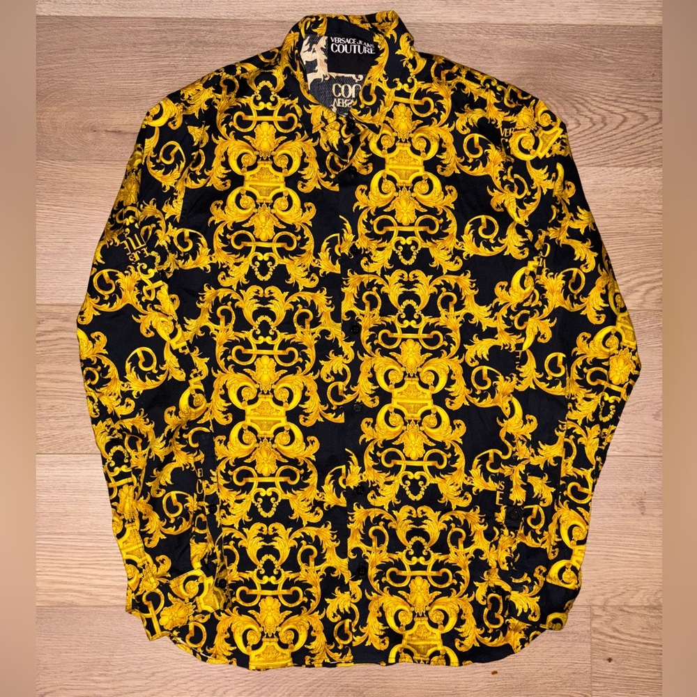 Versace Baroque Print Gold/Black Button Down Shirt